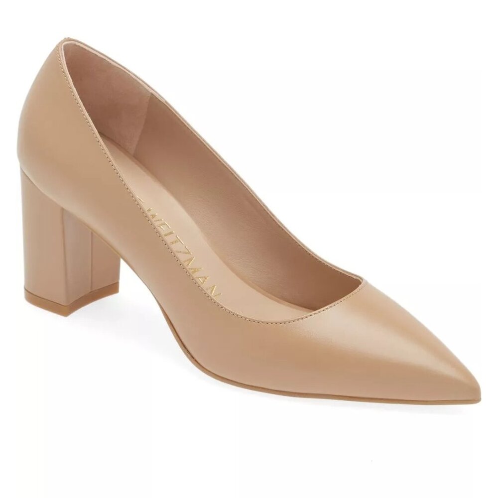 $420 Stuart Weitzman Linsi 75 Block Pump HEEL ADOBE LEATHER POINTY 8 (DB4)
